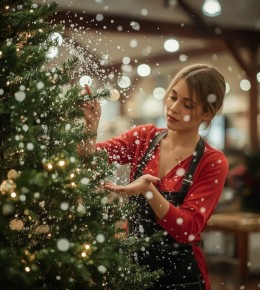 Employé Truffaut qui floque un sapin en saupoudrant de neige artificiel les branches