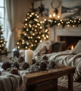 Pièce à vivre décorée pour noël avec le sapin de noël minutieusement positionné