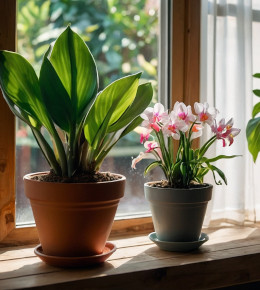 Bulbes plantés dans des pots en céramique entreposé près d'une fenêtre pour un ensoleillement optimum