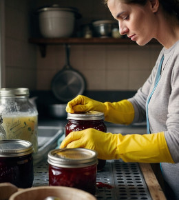 Une personnes portant des gants fermant un pot de confiture pour le stériliser par la suite