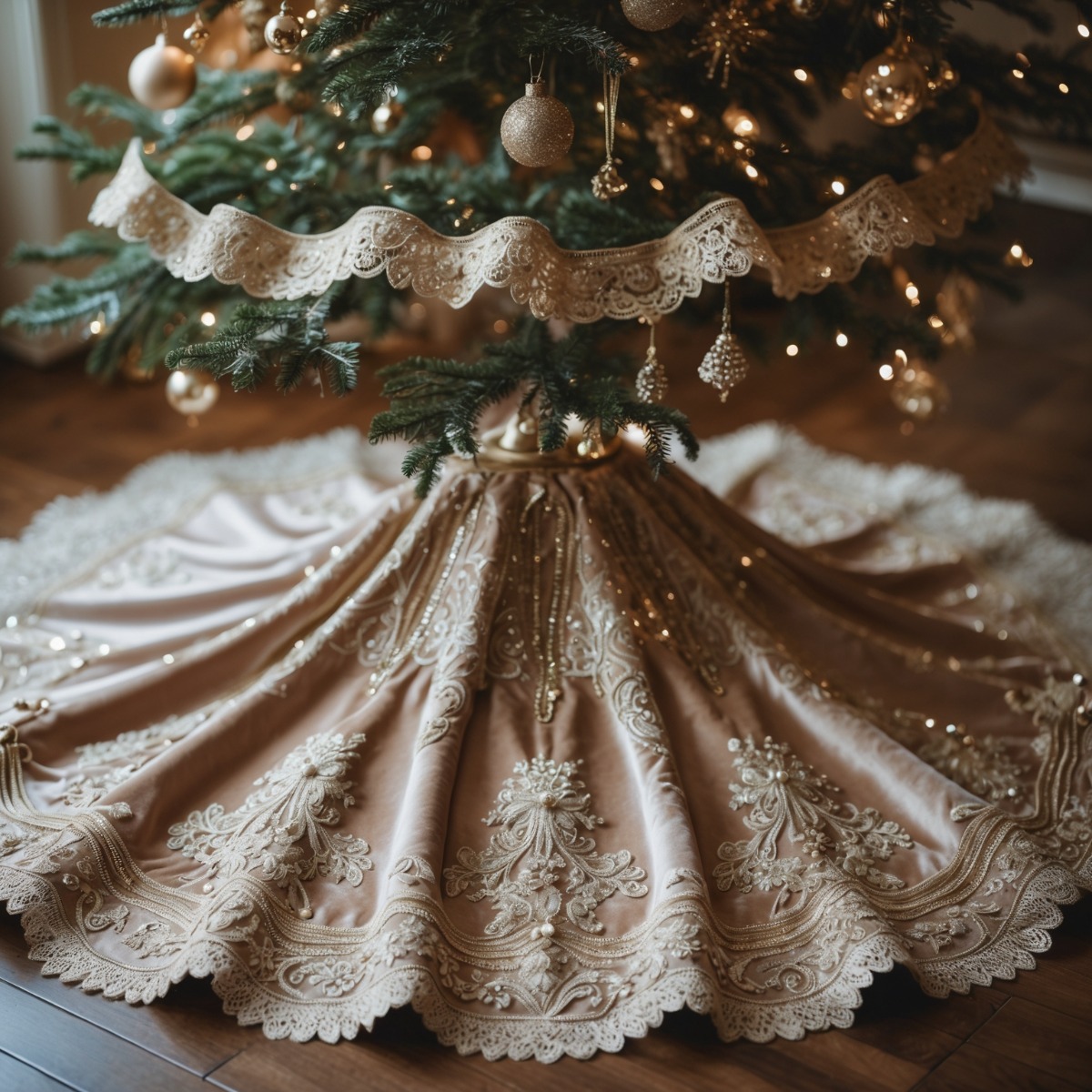 cache pieds de sapin en tissu blanc à dentelle