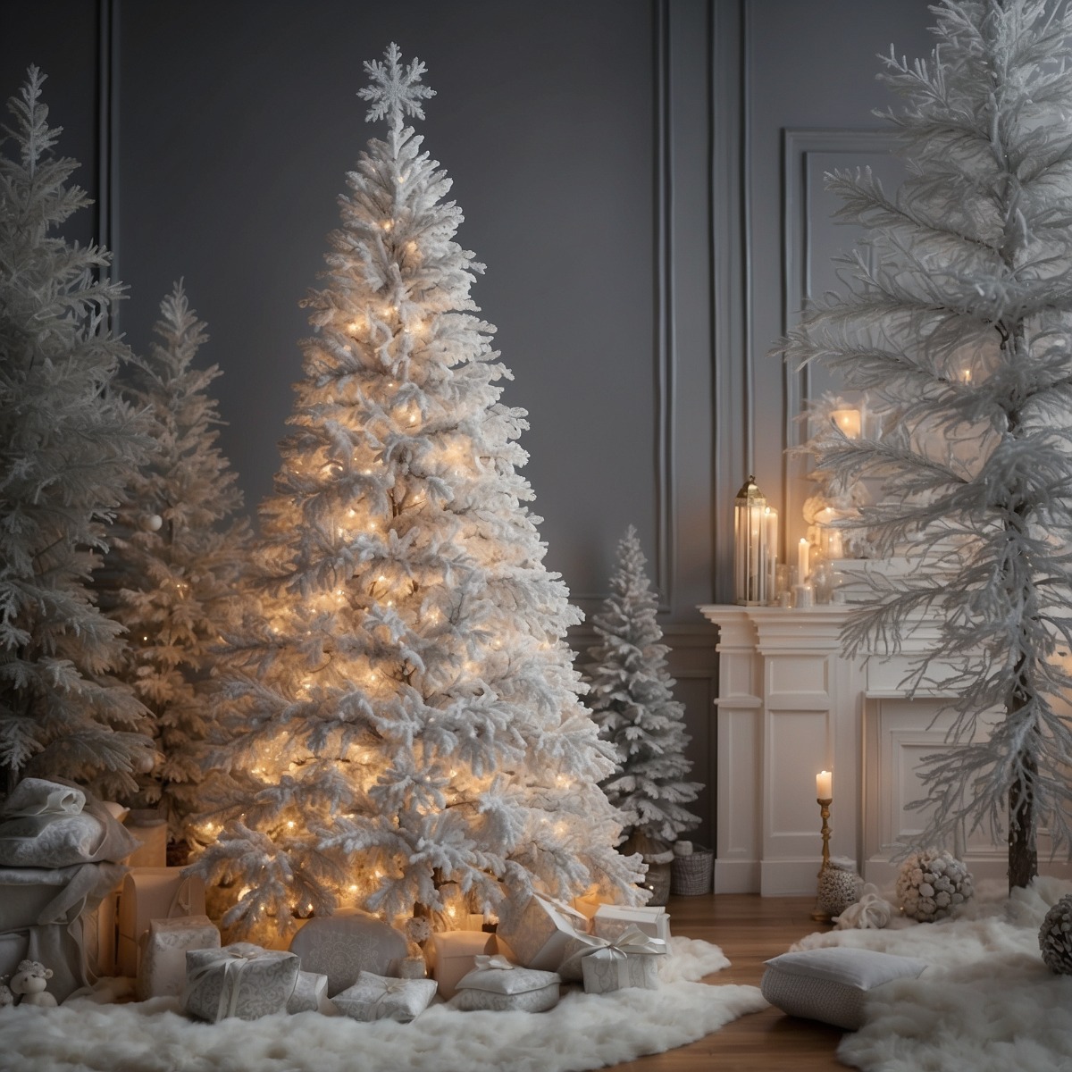 sapin floqué dans un salon chaleureux près d'une cheminée
