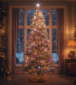 Sapin artificiels floqués avec éclairage et cime de sapin intégrée dans un salon somptueusement décoré pour les fêtes de fin d'année