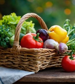 Panier de fruits ici d'un jardin carré agrémenter d'un potager