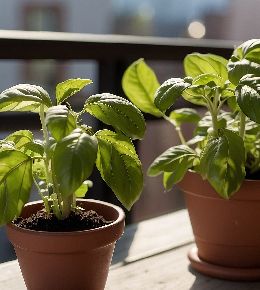 Basilic au soleil sur une table en extérieur