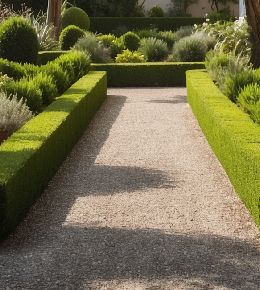 Allée de jardin avec des plantes de haies pour clôturer l'espace