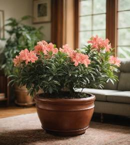 Azalée d'intérieur avec des fleurs vives, égayant un espace de vie lumineux près d'une fenêtre.