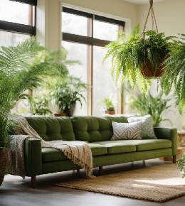 Espace de vie intérieur chaleureux égayé par plusieurs pots de plantes vertes en parfait état de santé.

