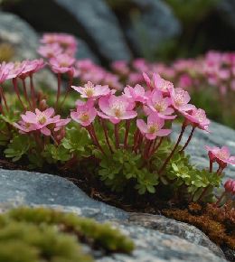 Saxifrage rose sur de la roche grise
