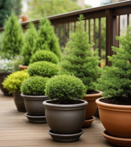 Bac avec assemblage de conifères nains et plantes assorties offrant une variété de textures et de couleurs.