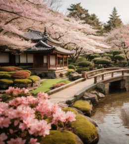 Focus sur un ponton au milieu d'un petit jardin japonais 