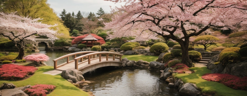 Panorama d'un jardin japonais avec des cerisier en fleurs