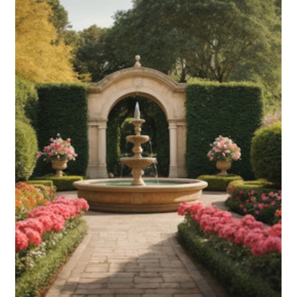 Un jardin aménagé pour mettre en valeur une fontaine à eau au milieux d'allées fleuries