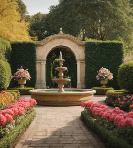 Un jardin aménagé pour mettre en valeur une fontaine à eau au milieux d'allées fleuries