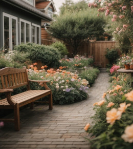  Jardin soigneusement conçu avec des allées ordonnées traversant des parterres de plantes adaptées au climat local.