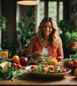Une jeune femme qui profite des beaux légumes issues de son potager dans sa cuisine