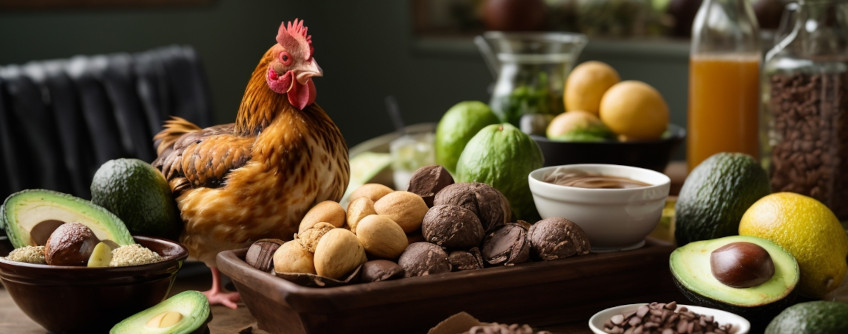 poule devant divers aliments interdits aux poules : chocolats, avocat, café
