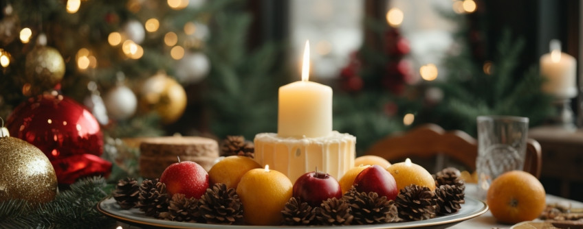 decoration naturelles à base de fruits transformé en bougies et de pommes de pins