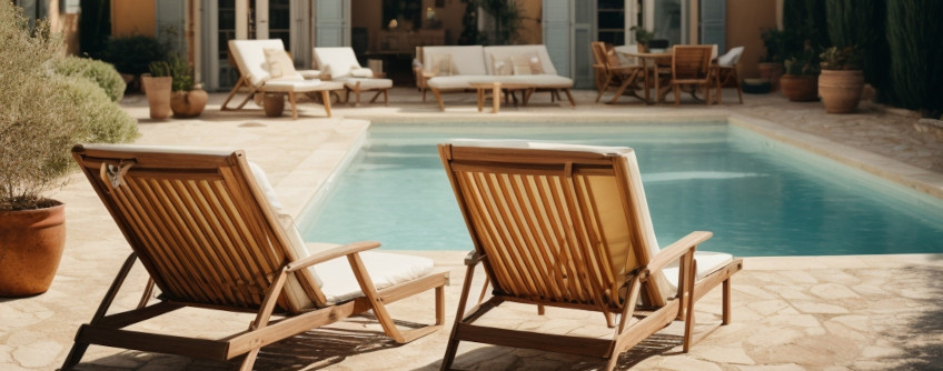 Deux chaises longues près d'une piscine