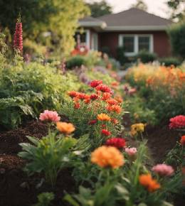 Massif floral richement coloré mettant en valeur la diversité des plantes et l'agencement réfléchi du jardin.