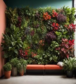  Espace de jardin vertical avec plantes grimpantes et pots suspendus pour optimiser l'espace limité.