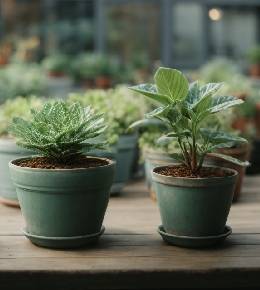 Plantes persistantes dans des pots résistants au froid sur une terrasse hivernale.