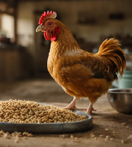 Mélange équilibré d'aliments pour poules avec grains, fruits, légumes et sources de calcium.