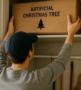 un sapin de noel artificiel dans un carton rangé sur une étagère dans un placard à balais