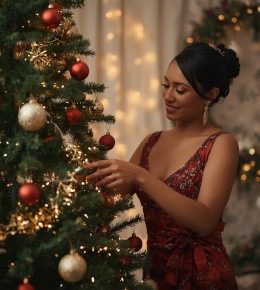 un professionnel en train de placer les dernières décorations sur un sapin de noël