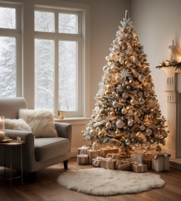 sapin de noel enneigé artificiel avec des cadeaux à ses pieds pour la fête de noel
