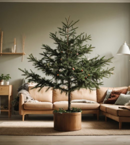 Sapin sec dans un pot au milieu d'un salon