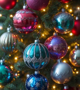 set de boules de noel multicolore sur des branches d'un sapin de noel
