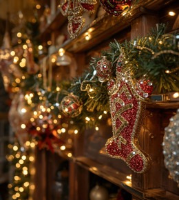 Guirlande de noël suspendu au manteau d'une cheminée