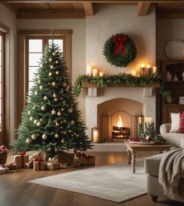 Un sapin de noël implanté dans un salon avec la bonne hauteur et épaisseur