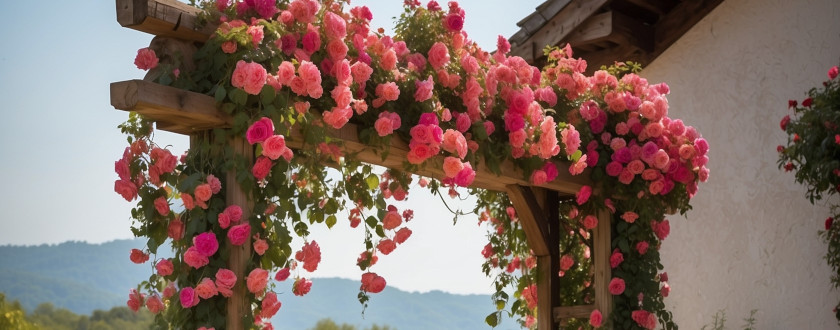 Paysage d'un jardin comportant un treillage avec des fleurs roses