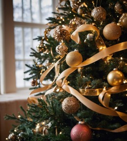 Sapin de noël orné de ruban dorés