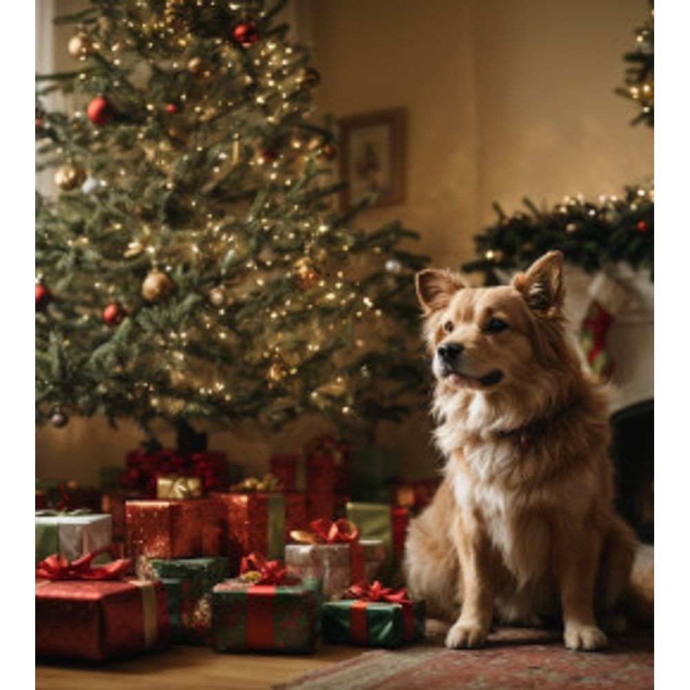 chien assis devant un sapin de noel séparés à bonne distance par des paquets cadeaux
