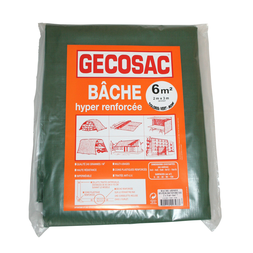 Bache armée : hyper renforcée polypropylene tissee 240 g/m² 2 x 3m