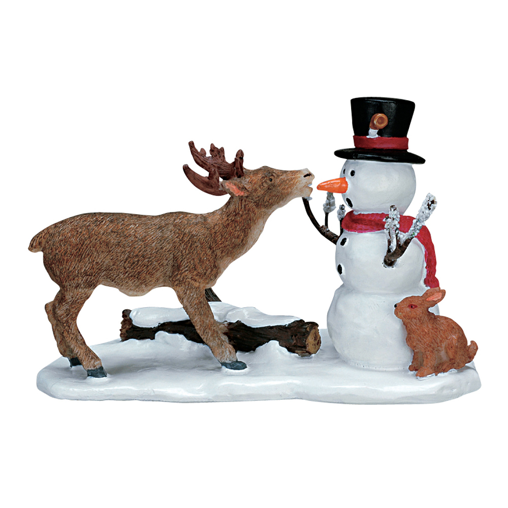 Figurines de Noël : Renne gourmand et le bonhomme de neige - H.6,5cm