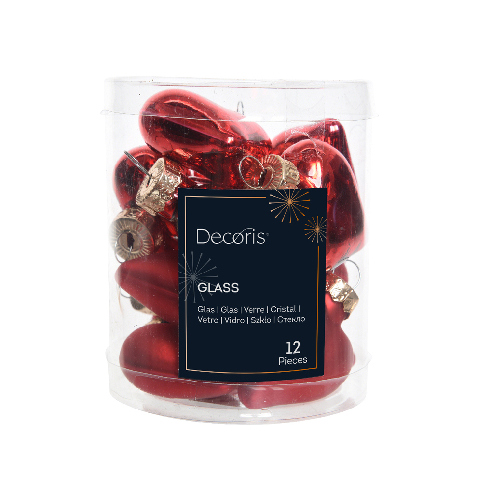 12 suspensions de Noël en verre : mini coeur, coloris rouge - D.4cm