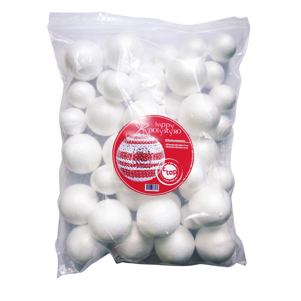 Sachet 40 boules styropor tailles assorties: diam 5 et 7 cm