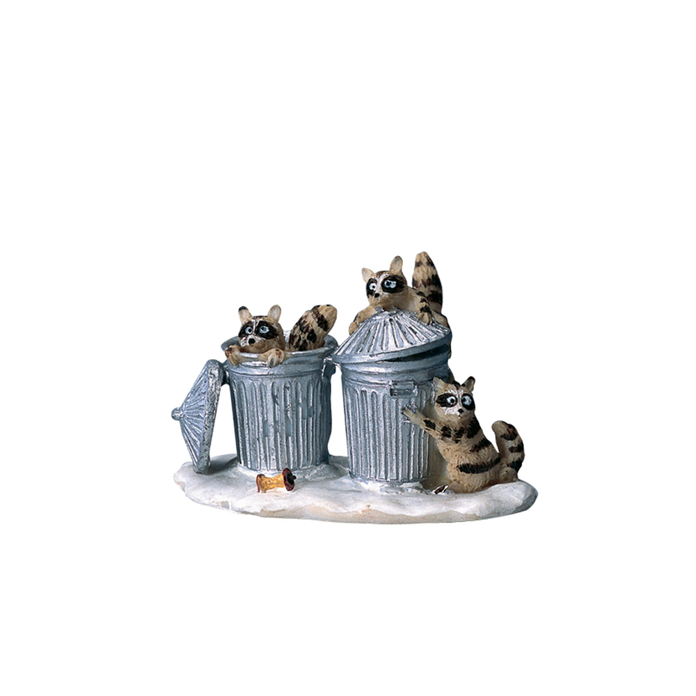 Figurine de Noël : Raton laveur intéressé par les poubelles