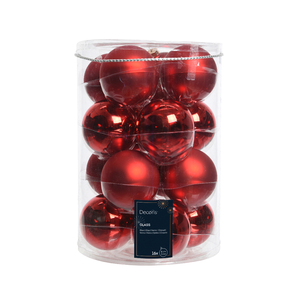 Assortiment 16 boules de Noël brillantes/mates, coloris rouge - D.8cm