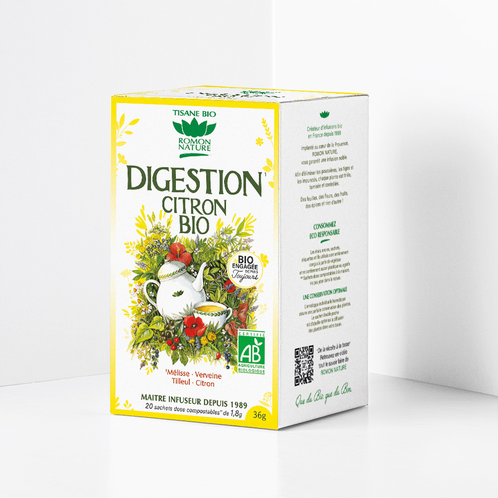 Boîte de tisane bio au citron, pour la digestion - 20 sachets