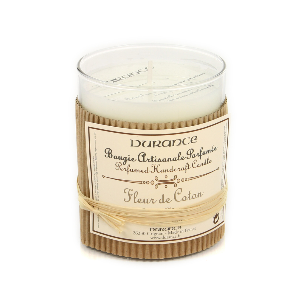 Bougie parfumÃ©e:verre/raphia 180g fleur coton