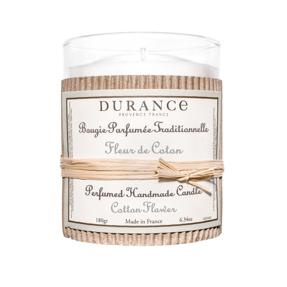 Bougie parfumÃ©e:verre/raphia 180g fleur coton