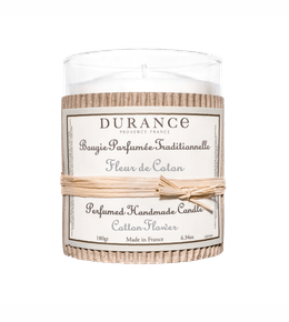 Bougie parfumée:verre/raphia 180g fleur coton
