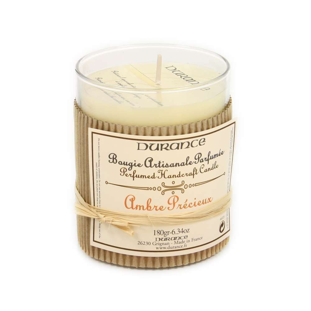 Bougie parfumÃ©e:verre/raphia 180g ambre
