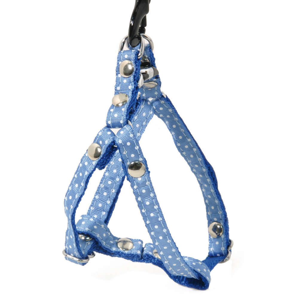 Harnais galon motif pois sur sangle nylon : Tour de cou 17-27 cm bleu