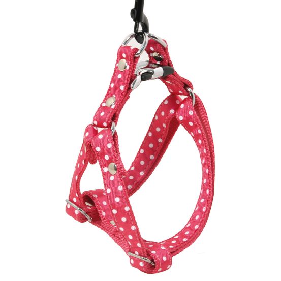 Harnais galon motif pois sur sangle nylon : Tour de cou 23-33 cm rose